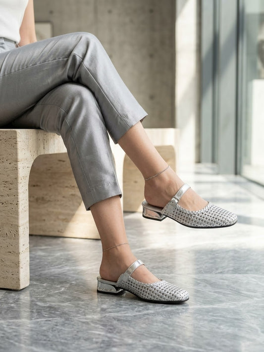 Comfort Enhance Woven Metallic Buckle Strap Mules