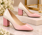 Comfort Enhance Two-Tone Patent Block Heel Pumps
