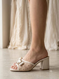 Comfort Enhance Floral Embroidered Block Heel Mules with Crystal Bow