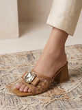 Comfort Enhance Floral Embroidered Block Heel Mules with Crystal Bow