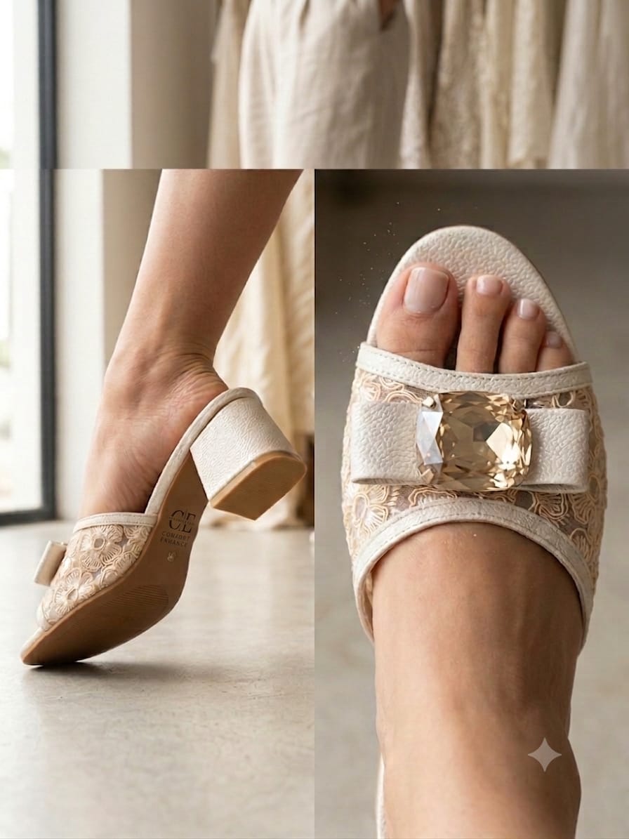Comfort Enhance Floral Embroidered Block Heel Mules with Crystal Bow
