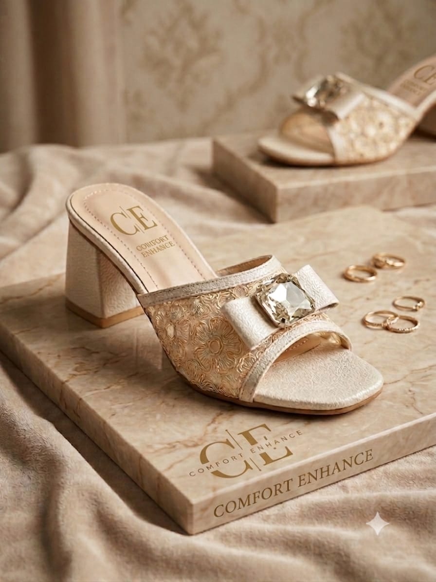 Comfort Enhance Floral Embroidered Block Heel Mules with Crystal Bow