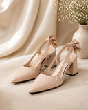 Comfort Enhance Patent Pointed Toe Bow Slingback Block Heels