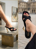 Comfort Enhance Criss-Cross Matte Mule with Gold Sculpted Logo Heel