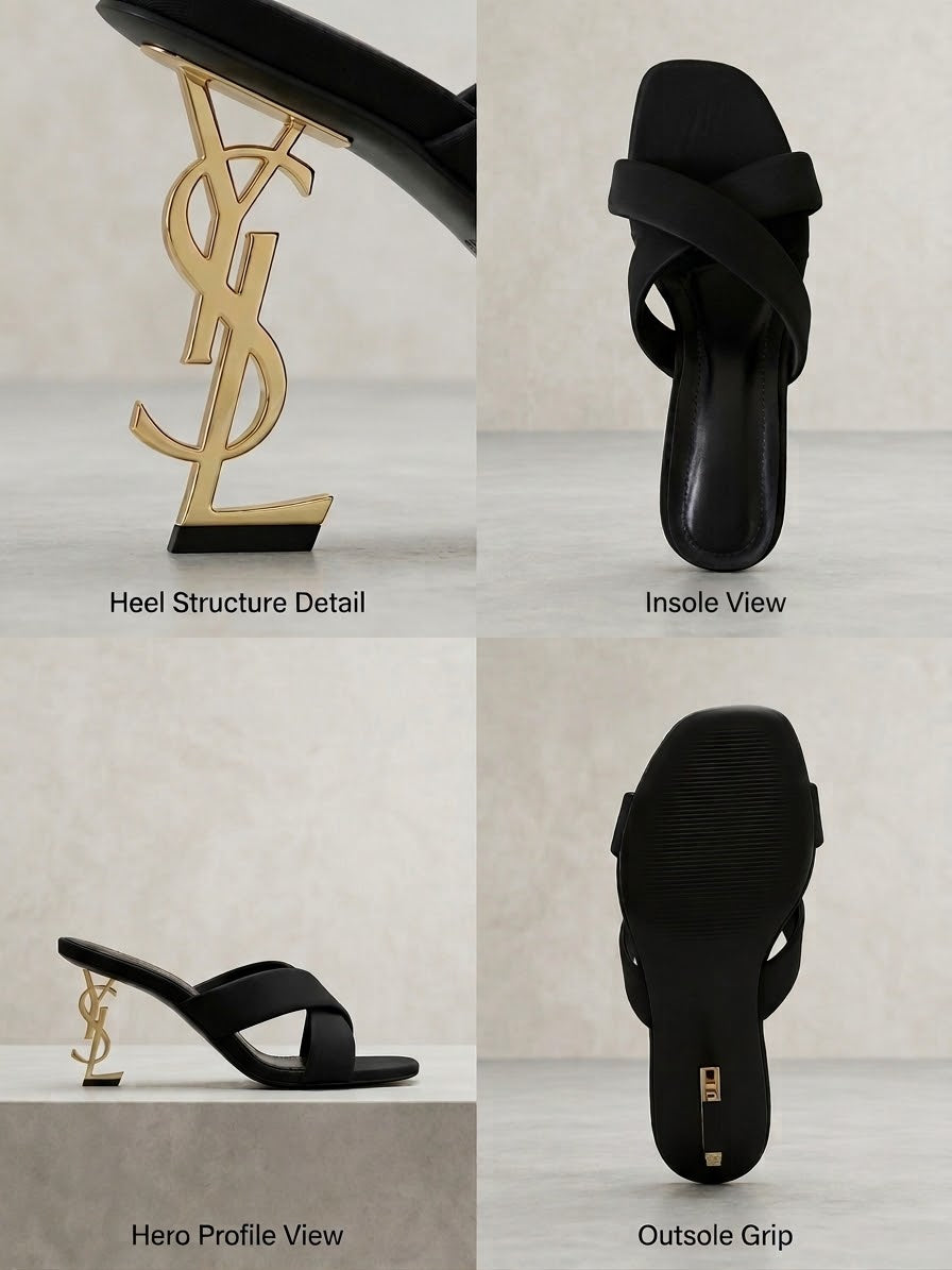 Comfort Enhance Criss-Cross Matte Mule with Gold Sculpted Logo Heel