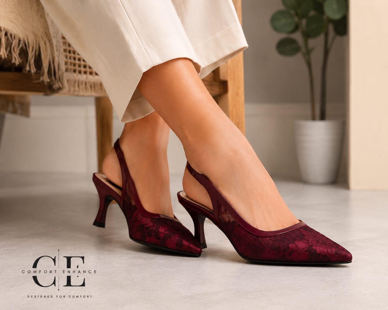 Comfort Enhance Floral Lace Pointed Toe Slingback Heels