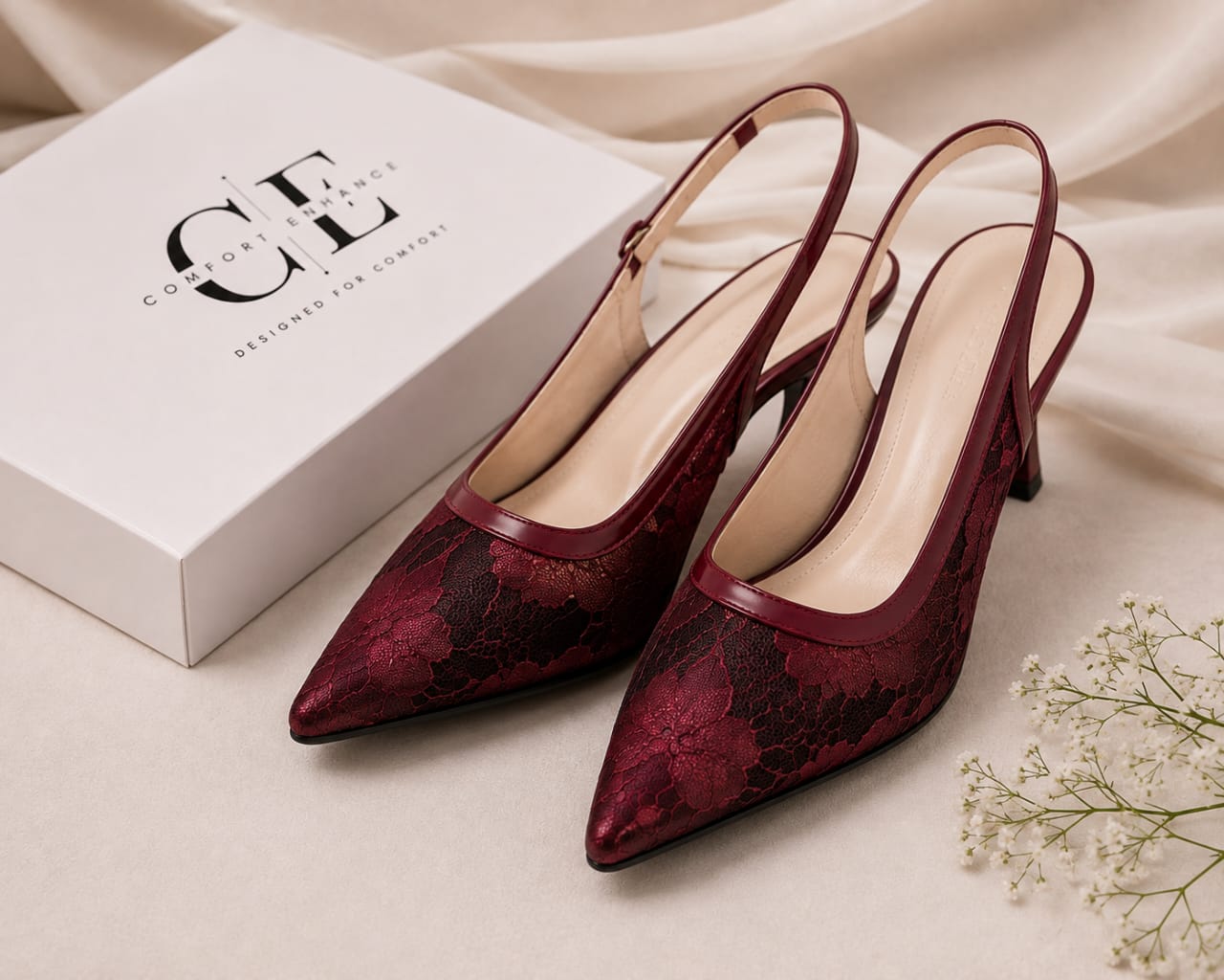 Comfort Enhance Floral Lace Pointed Toe Slingback Heels