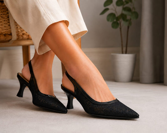 Comfort Enhance Floral Lace Pointed Toe Slingback Heels