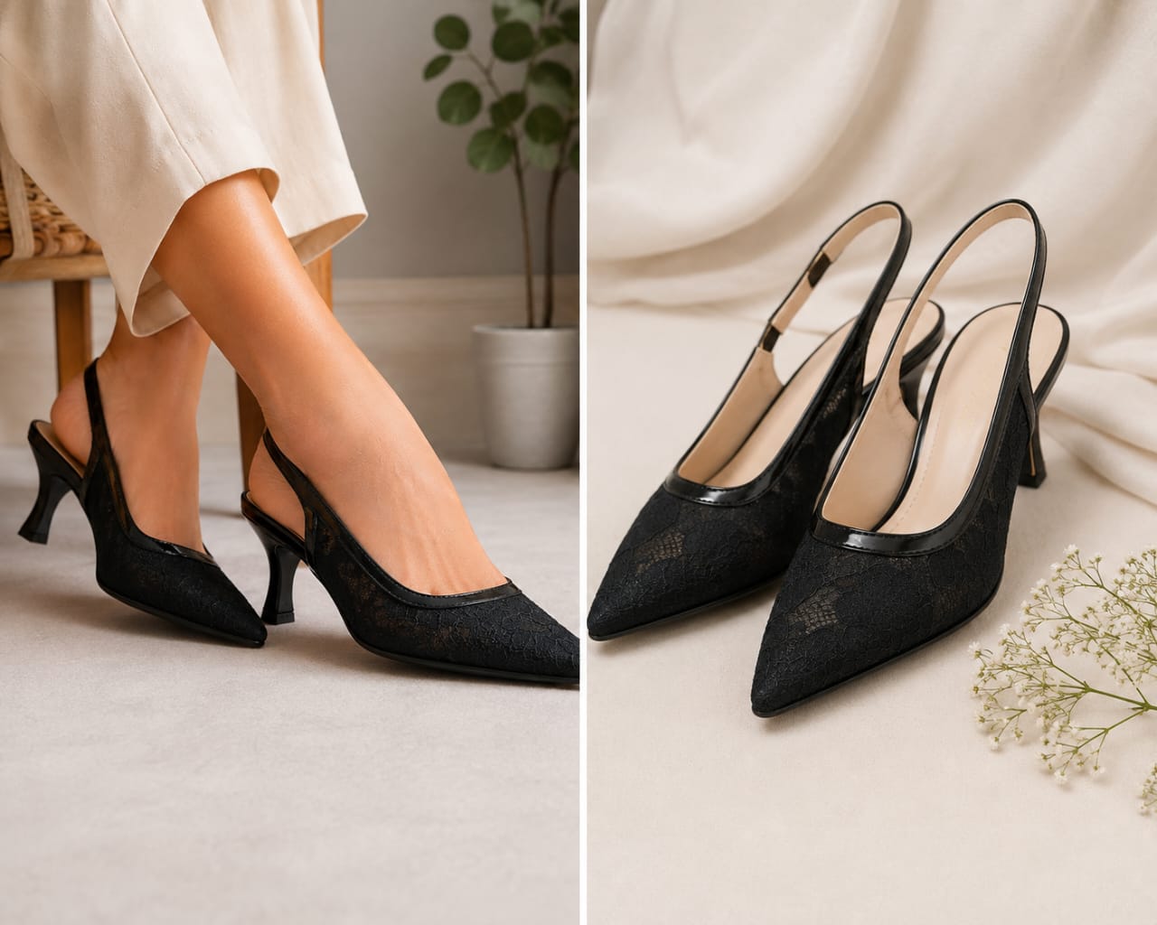 Comfort Enhance Floral Lace Pointed Toe Slingback Heels