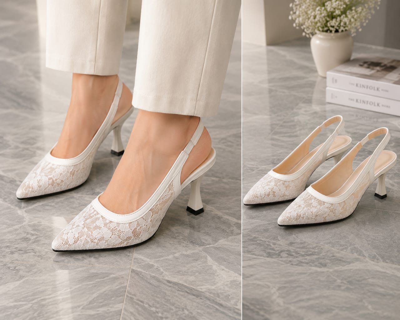 Comfort Enhance Floral Lace Pointed Toe Slingback Heels