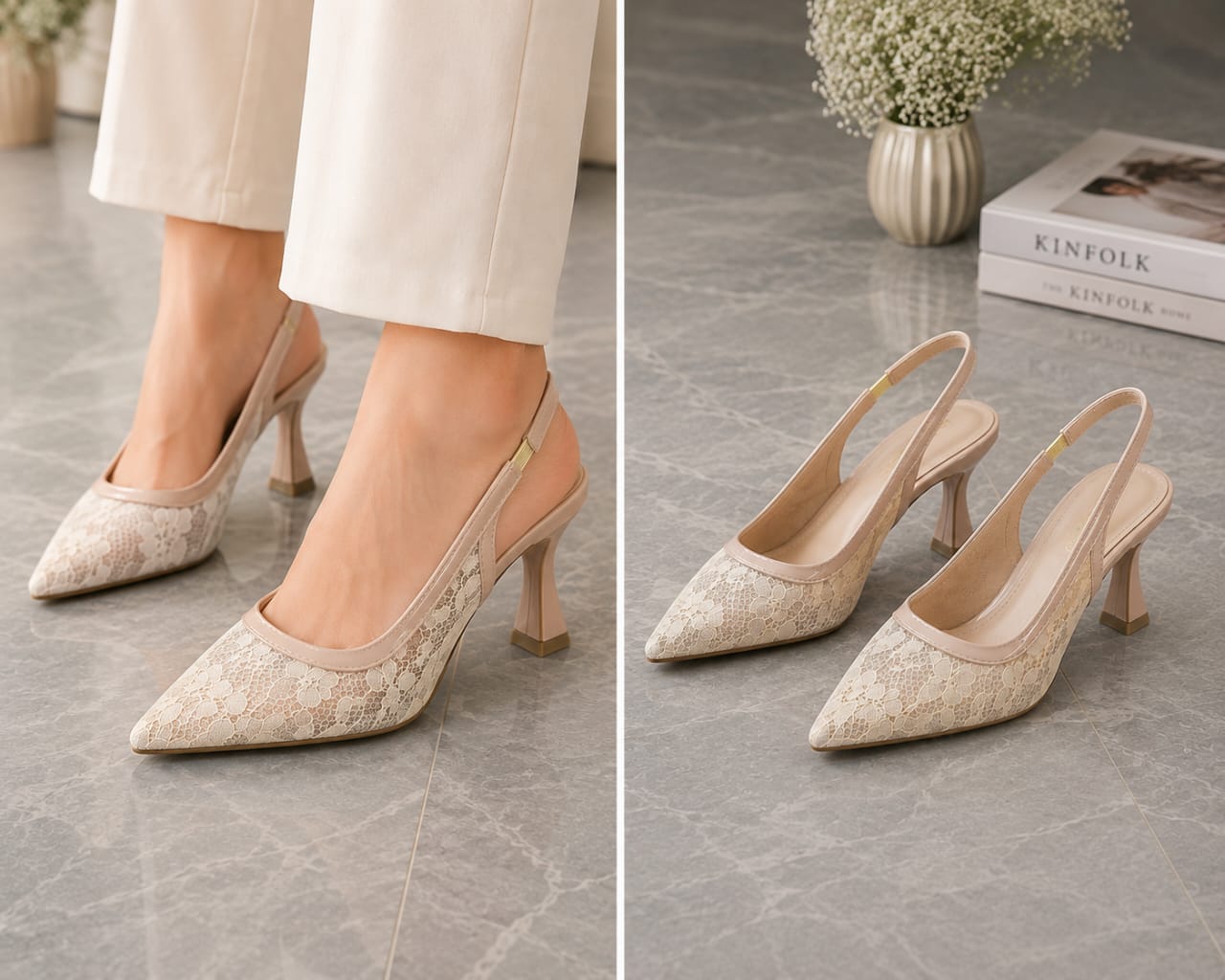 Comfort Enhance Floral Lace Pointed Toe Slingback Heels