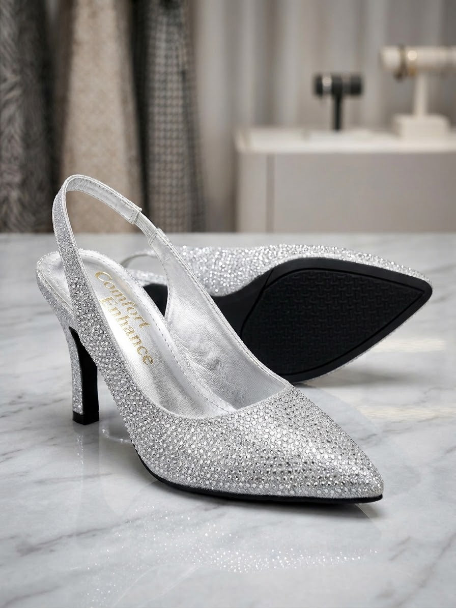 Comfort Enhance All-Over Rhinestone Pointed Toe Slingback Heels