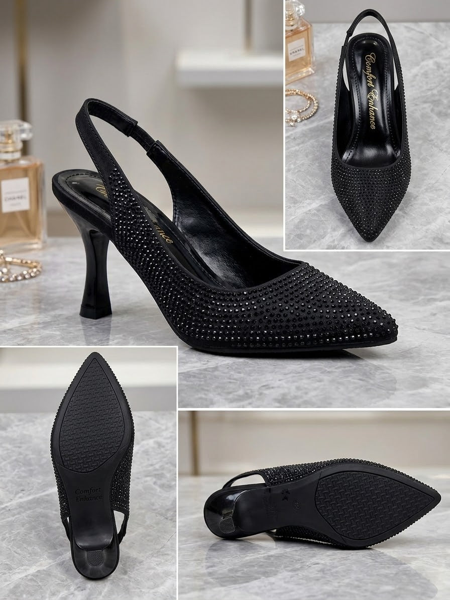 Comfort Enhance All-Over Rhinestone Pointed Toe Slingback Heels
