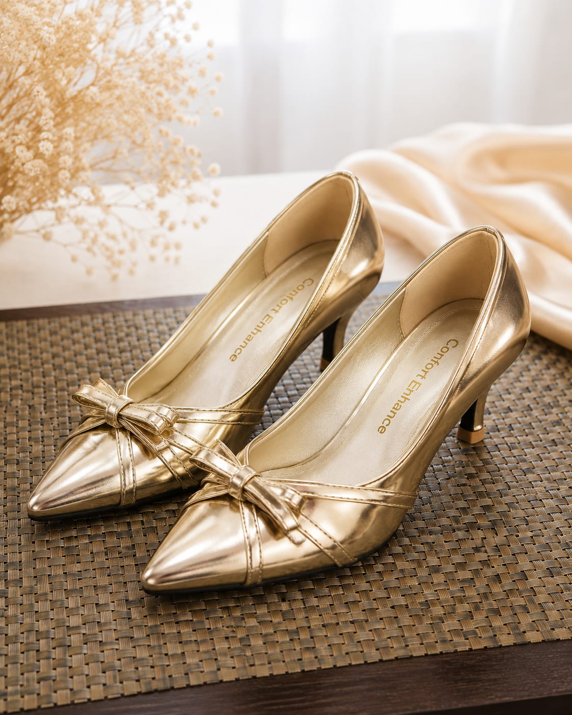 Comfort Enhance Women's Black Glossy Pointed Toe Bow Flats
