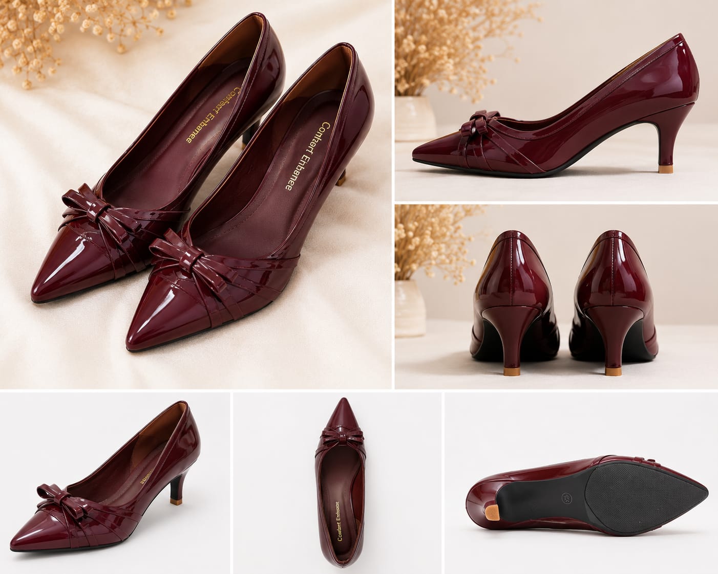 Comfort Enhance Women's Black Glossy Pointed Toe Bow Flats
