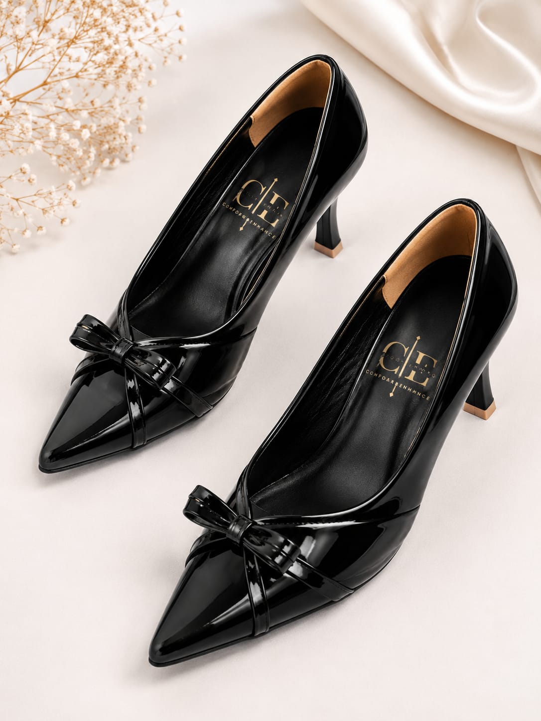 Comfort Enhance Women's Black Glossy Pointed Toe Bow Flats