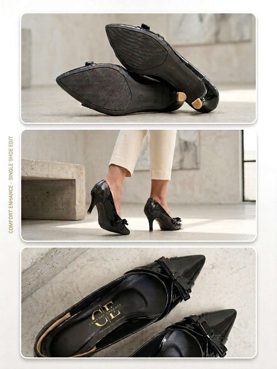 Comfort Enhance Women's Black Glossy Pointed Toe Bow Flats