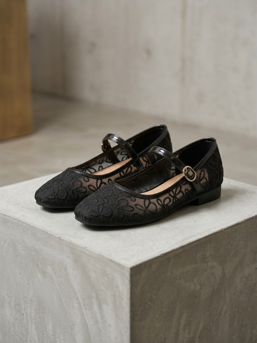 Comfort Enhance Floral Lace Mesh Mary Jane Flats