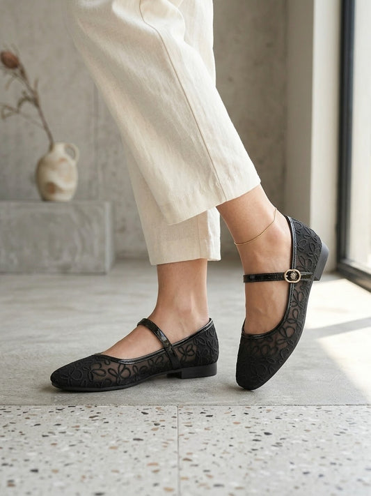 Comfort Enhance Floral Lace Mesh Mary Jane Flats