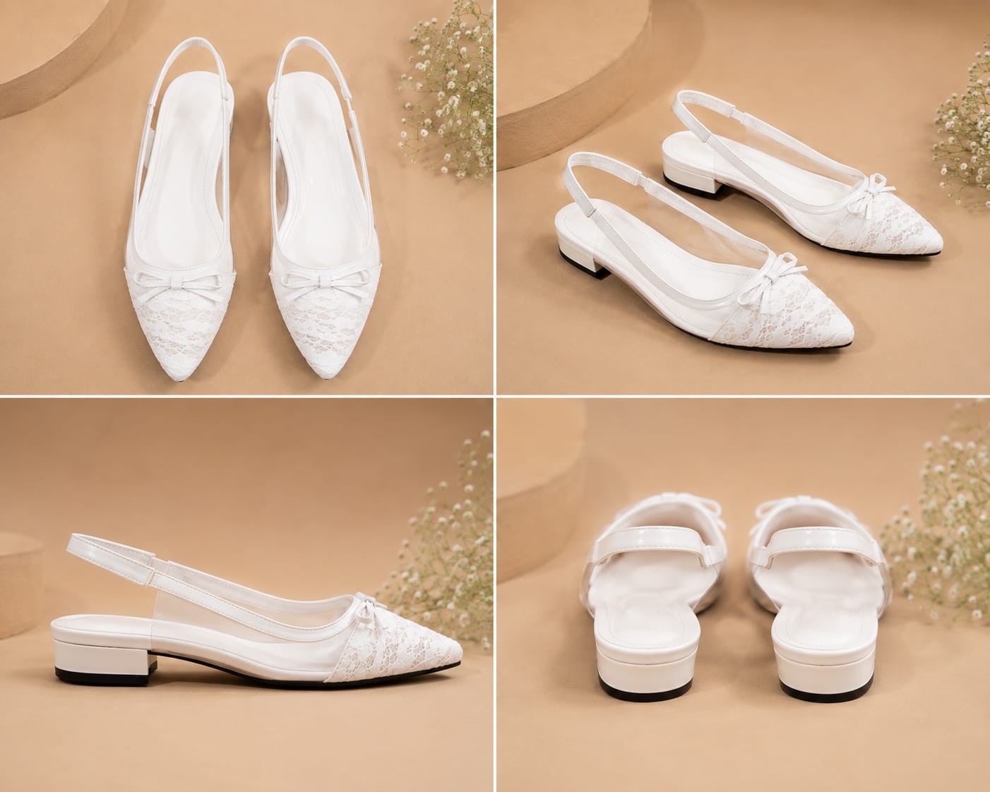 Comfort Enhance Lace & Patent Slingback Kitten Heels with Bow Detail