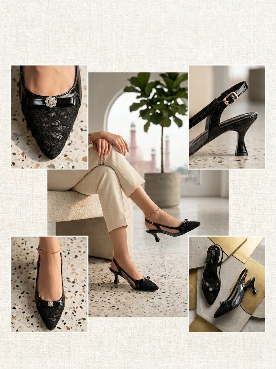 Comfort Enhance Lace & Patent Slingback Kitten Heels with Bow Detail