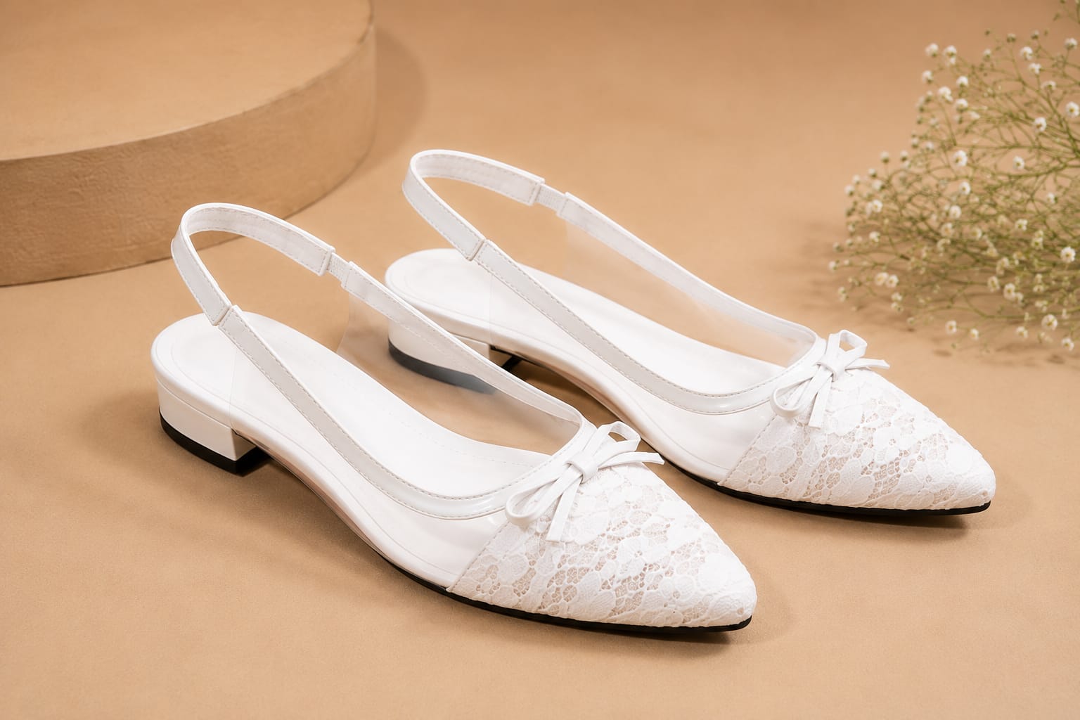 Comfort Enhance Lace & Patent Slingback Kitten Heels with Bow Detail