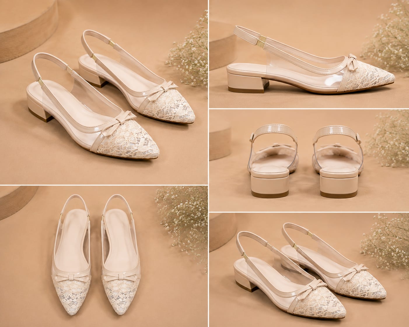Comfort Enhance Lace & Patent Slingback Kitten Heels with Bow Detail