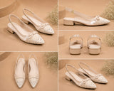 Comfort Enhance Lace & Patent Slingback Kitten Heels with Bow Detail