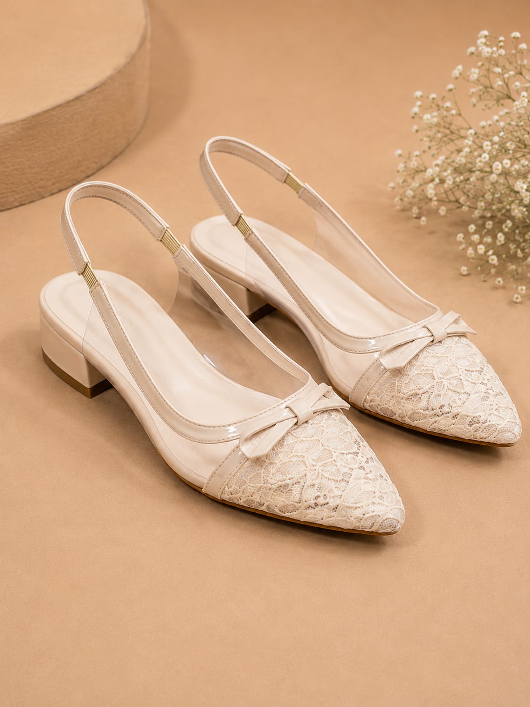 Comfort Enhance Lace & Patent Slingback Kitten Heels with Bow Detail