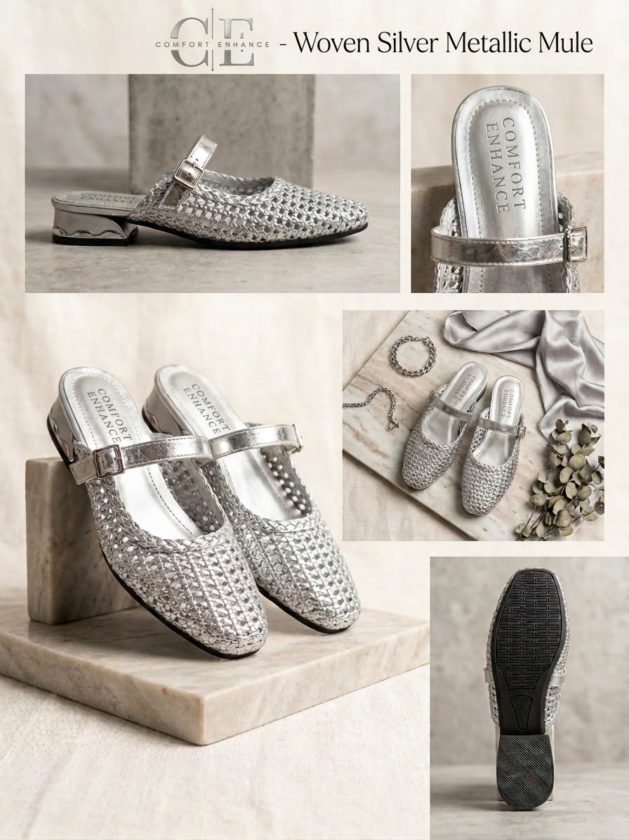 Comfort Enhance Woven Metallic Buckle Strap Mules