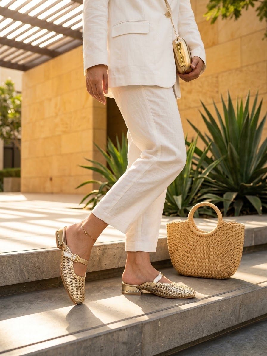 Comfort Enhance Woven Metallic Buckle Strap Mules