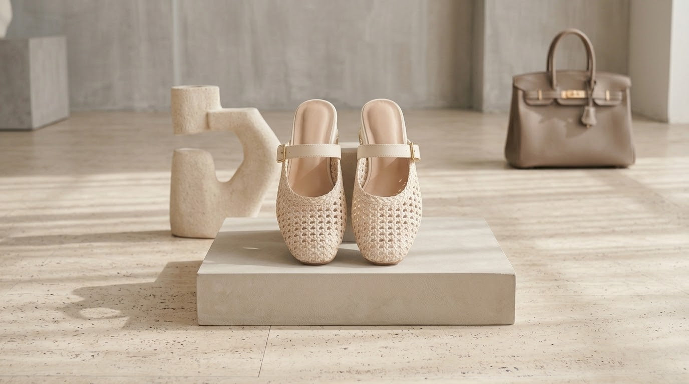 Comfort Enhance Woven Metallic Buckle Strap Mules