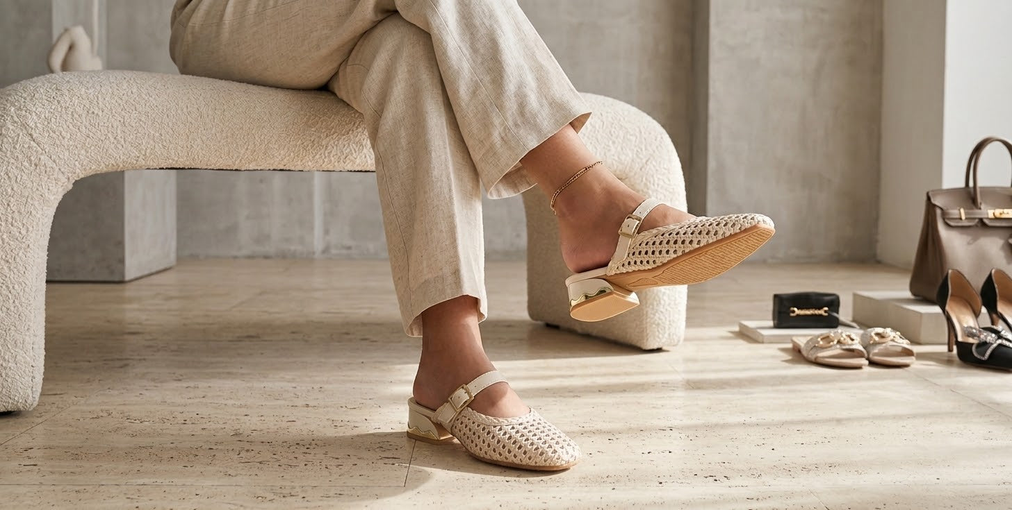 Comfort Enhance Woven Metallic Buckle Strap Mules