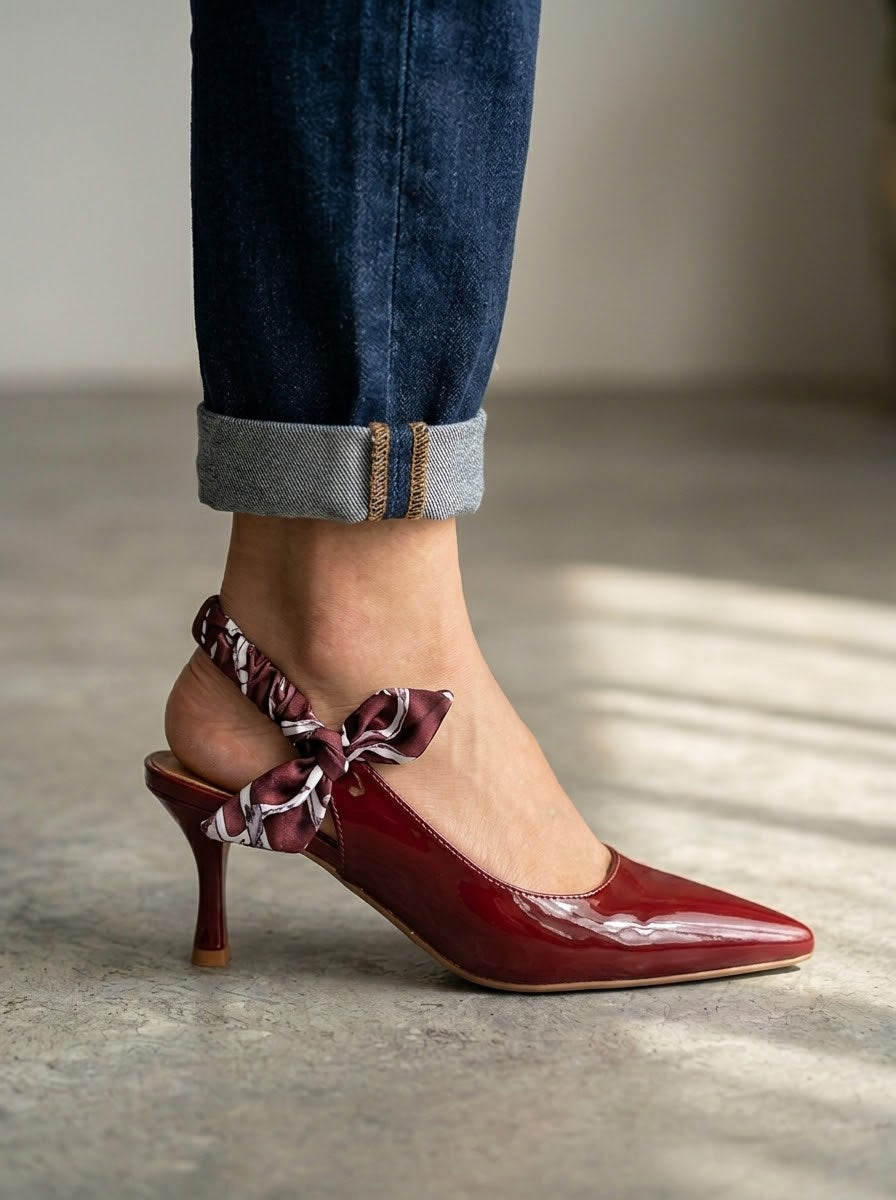 Comfort Enhance Glossy Patent Ruched Ribbon Slingback Pumps