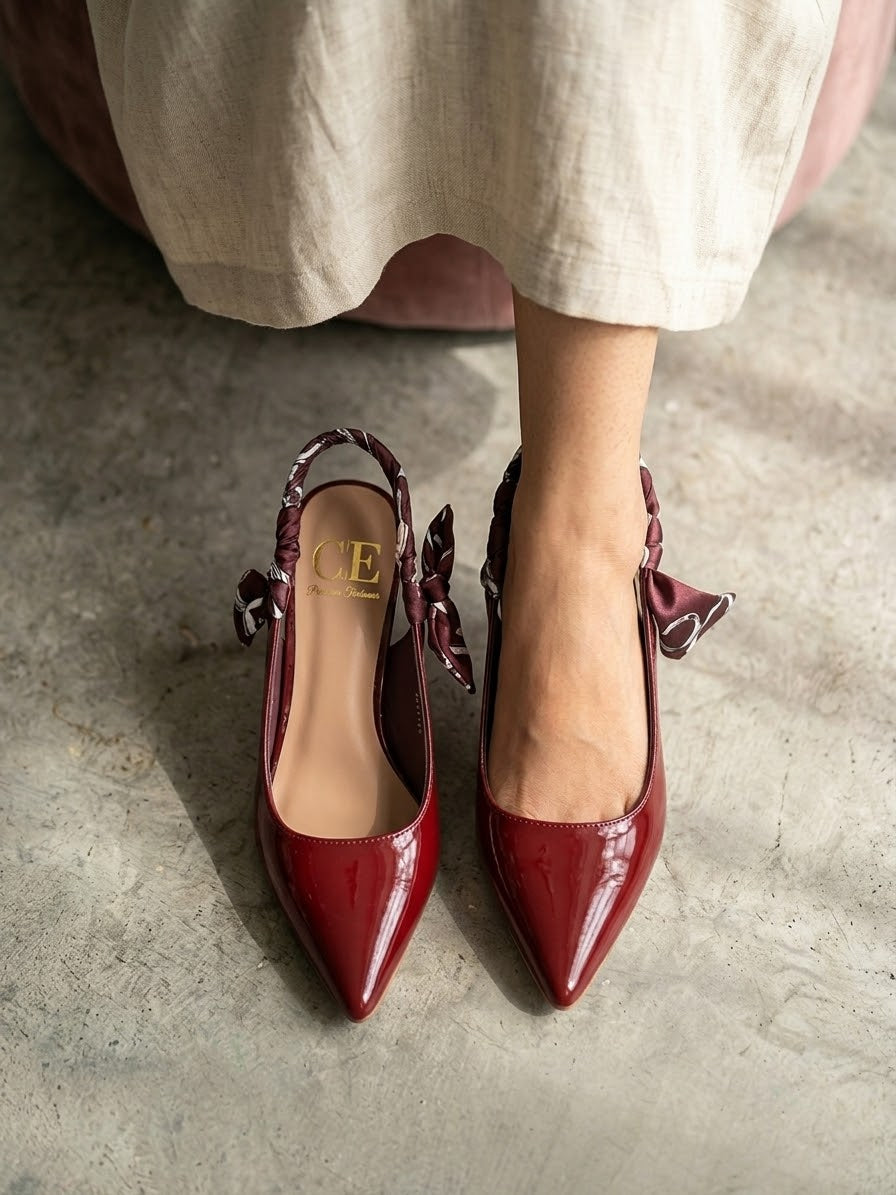 Comfort Enhance Glossy Patent Ruched Ribbon Slingback Pumps