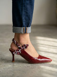Comfort Enhance Glossy Patent Ruched Ribbon Slingback Pumps