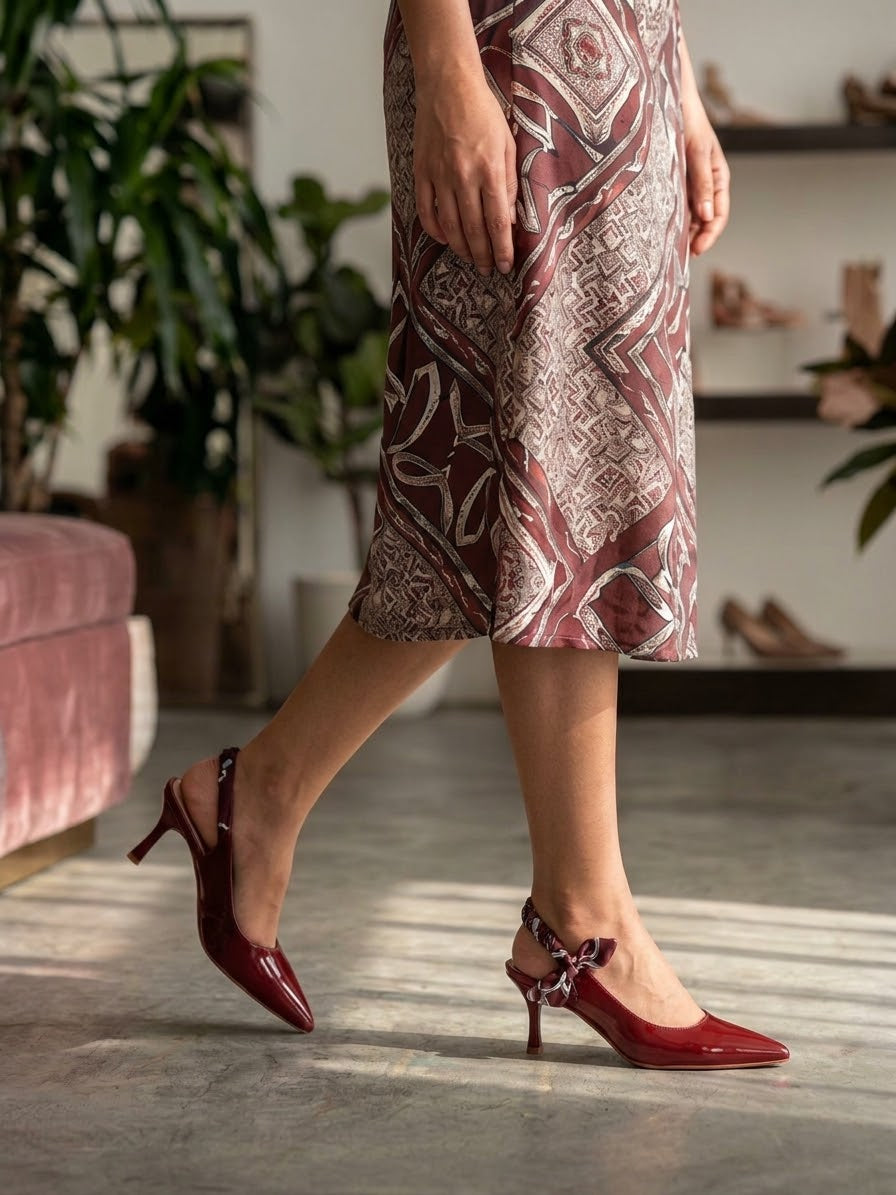 Comfort Enhance Glossy Patent Ruched Ribbon Slingback Pumps