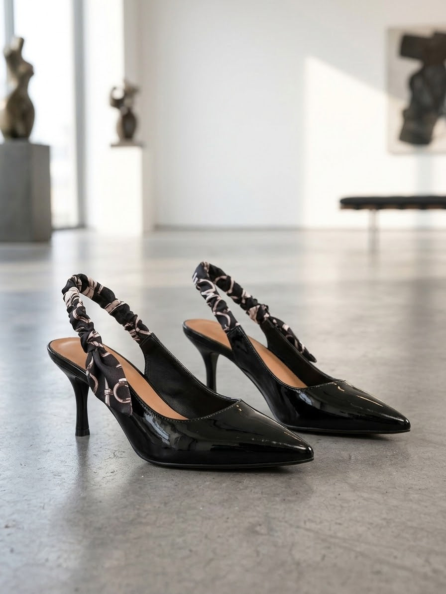 Comfort Enhance Glossy Patent Ruched Ribbon Slingback Pumps