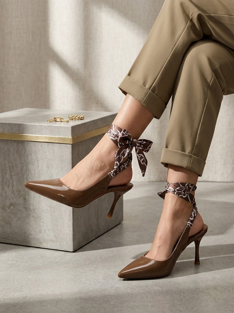 Comfort Enhance Glossy Patent Ruched Ribbon Slingback Pumps