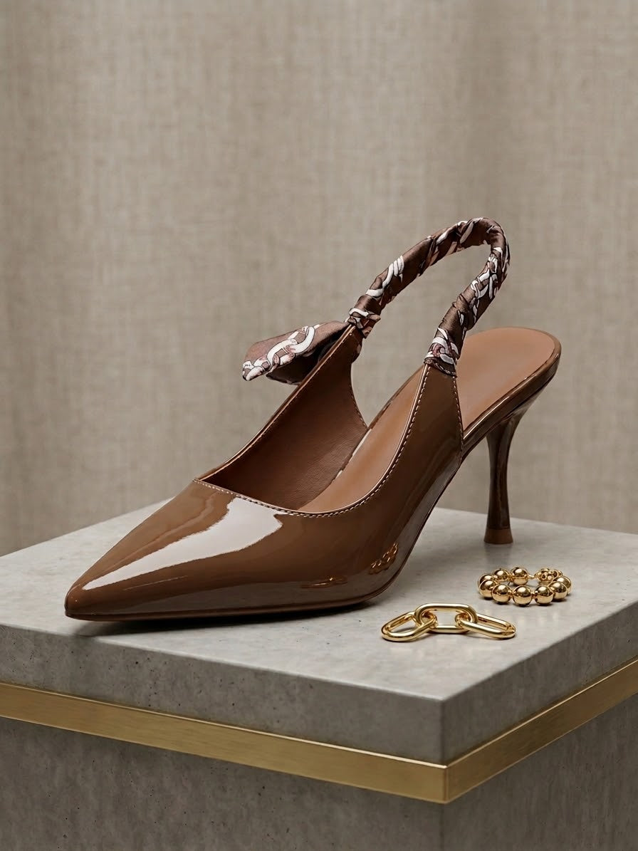 Comfort Enhance Glossy Patent Ruched Ribbon Slingback Pumps