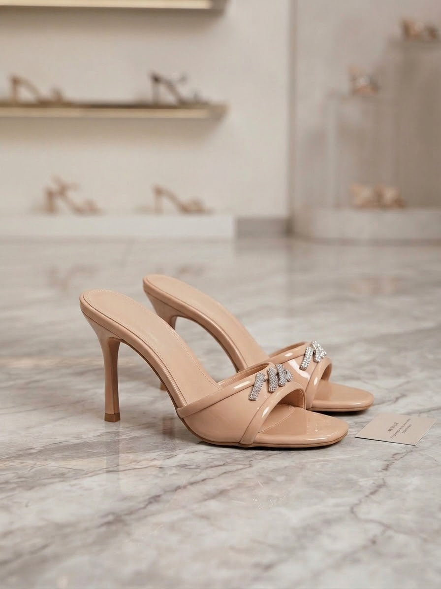 Comfort Enhance Crystal Embellished Patent Mule Heels