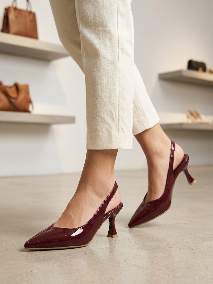 Comfort Enhance Glossy Patent V-Cut Slingback Heels