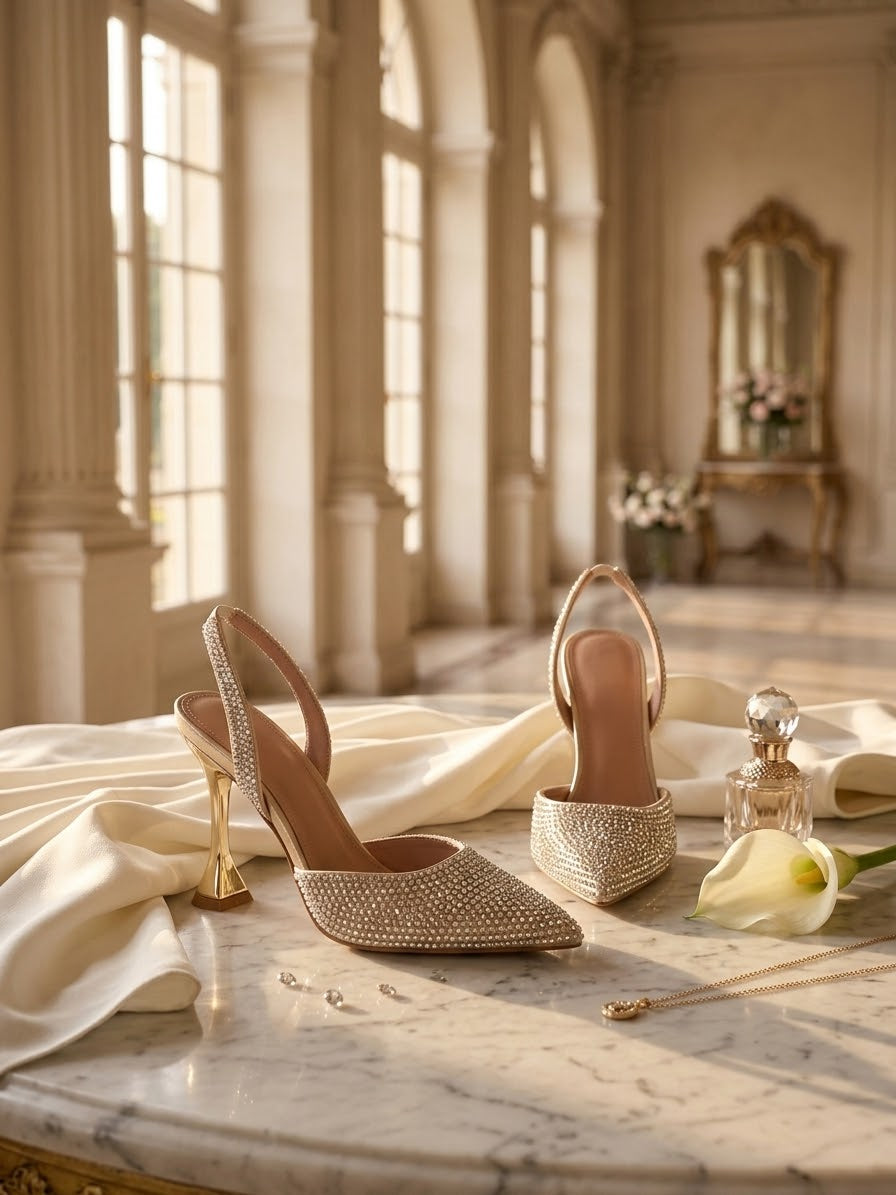 Comfort Enhance Pearl & Rhinestone Embellished Slingback Heels