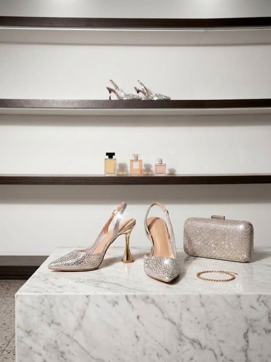 Comfort Enhance All-Over Rhinestone Flared Heel Slingbacks