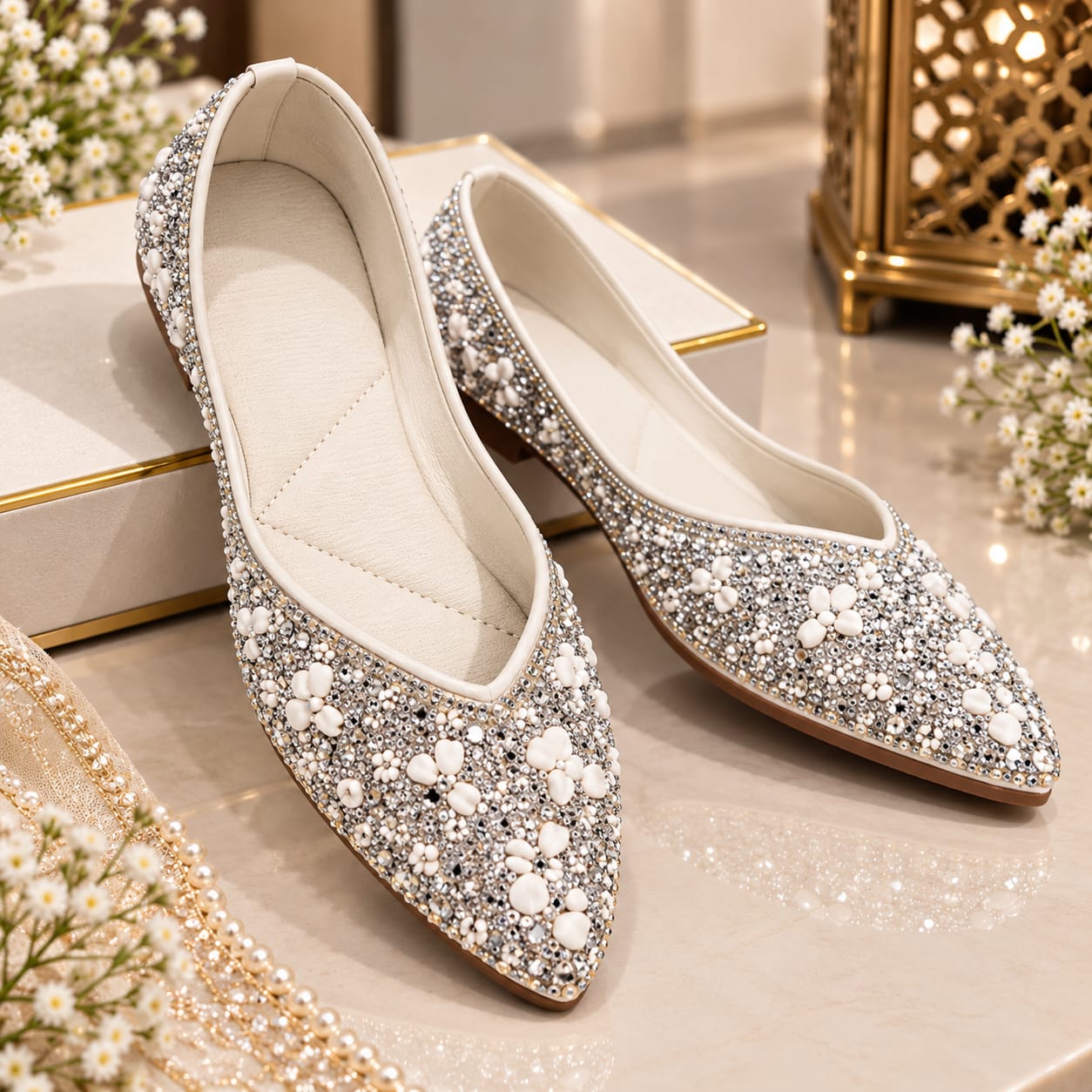 Comfort Enhance Crystal & Pearl Embellished Pointed Flats