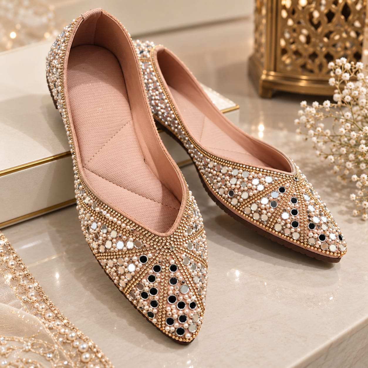 Comfort Enhance Crystal & Pearl Embellished Pointed Flats