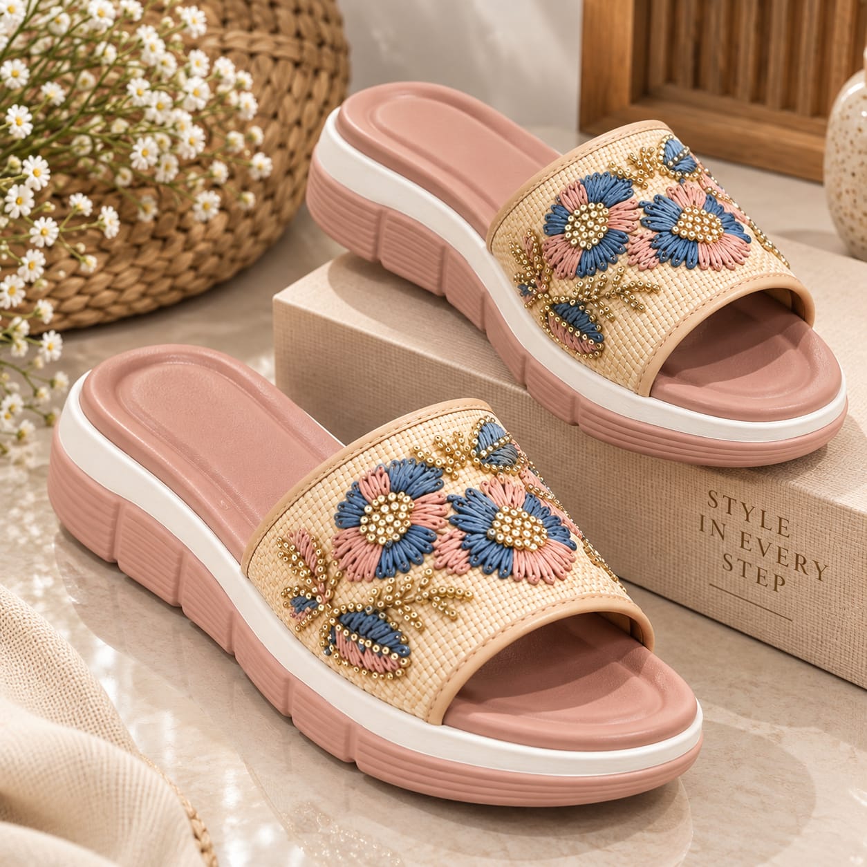 Comfort Enhance Floral Embroidered Sporty Wedge Slides
