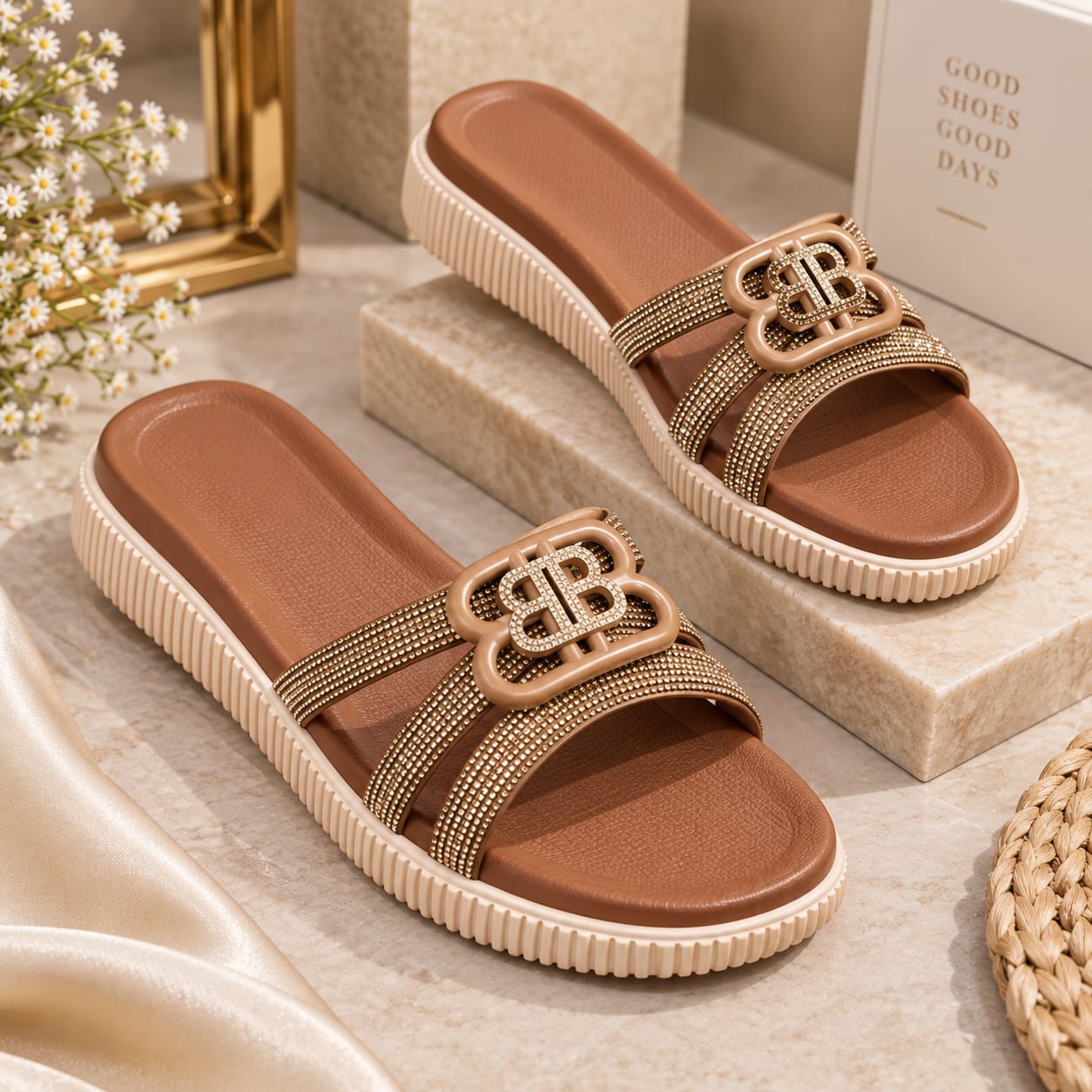 Comfort Enhance Crystal Monogram Platform Slide Sandals