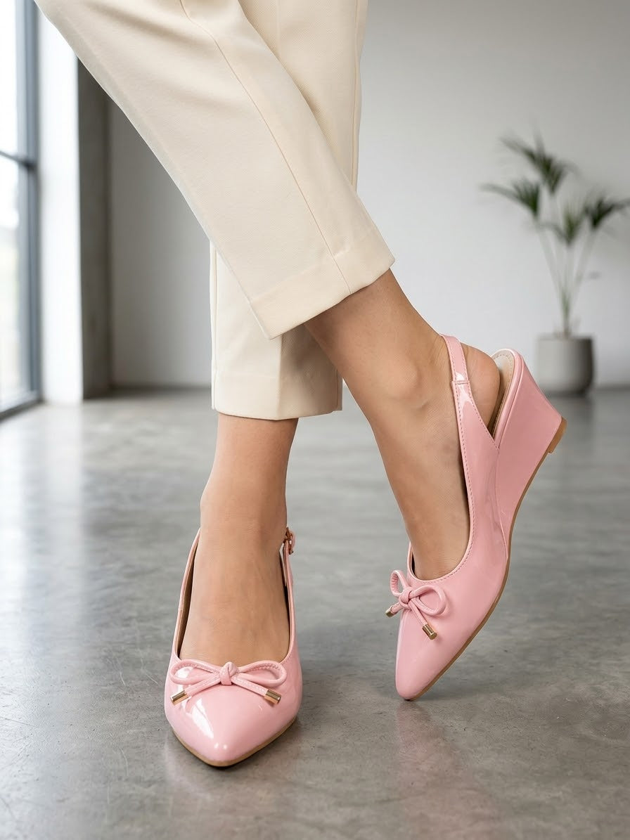 Comfort Enhance Glossy Patent Bow Slingback Pumps