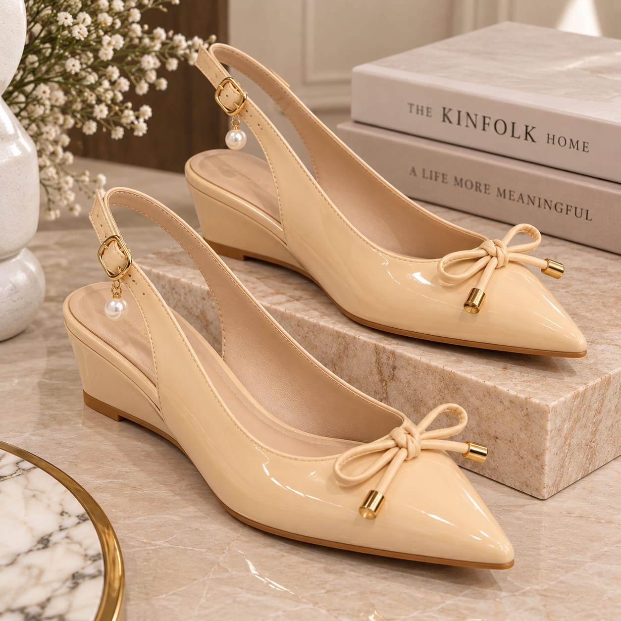 Comfort Enhance Glossy Patent Bow Slingback Pumps